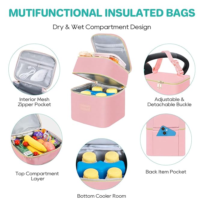 PIIOSER Breast Milk Storage Cooler Bag with Ice Pack, Fits 4 Baby Bottles Up to 5 Ounce, Small Insulated Breastmilk Cooler Travel Bag with Handle Buckle for Nursing & Working Mom Daycare(Pink-XS)