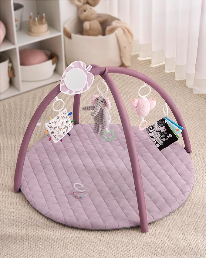 Blissful Diary Baby Play Gym Mat, Tummy Time Activity Mat with 6 Detachable Toys for Stage-Based Sensory & Motor Skill Development, Easy to Install & Clean, Baby Essentials Gift, Lavender Pink