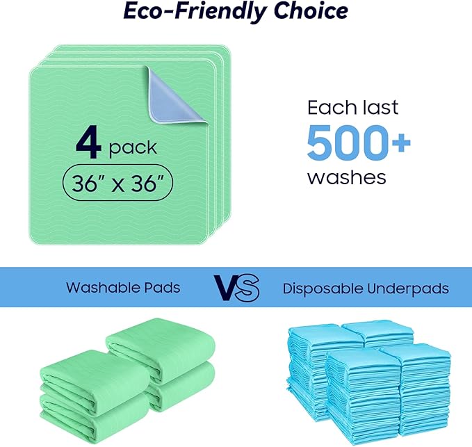 4 Pack 36” x 36” Extra Heavy Absorbency Washable Underpads, Waterproof Quick Drying Nursing Incontinence Reusable Washable Bed Pee Pads for Dogs, Diaper Changing & Adults, Green