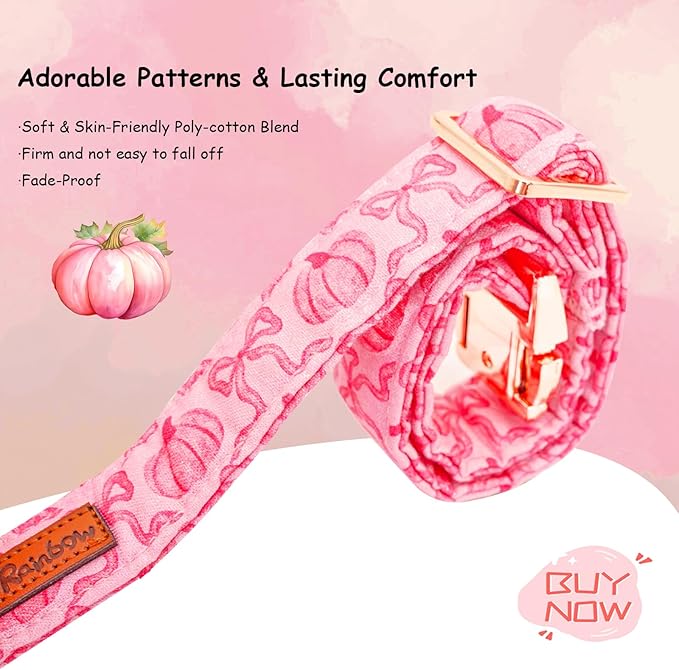 Dog Collar, Pink Pumpkin Print Adjustable Pet Collar Cute Cotton Soft Collars with Bow Tie Fall Metal Buckle Holiday Puppy Collars Boy&Girl Gift for Medium Dogs