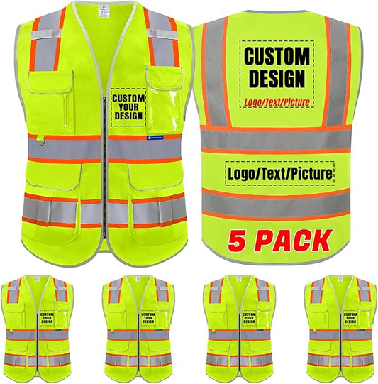 BeautyWill 5Pack Custom Logo Safety Vest 8 Pockets Class2 ANSI Certified High Visibility Reflective Vest for Men - Personalized Logo Heavy-Duty Work Vest（Yellow，S）