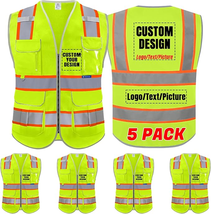 BeautyWill 5Pack Custom Logo Safety Vest 8 Pockets Class2 ANSI Certified High Visibility Reflective Vest for Men - Personalized Logo Heavy-Duty Work Vest（Yellow，3XL）