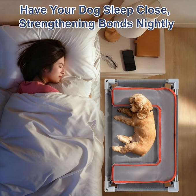 25.5"*17"*17.7" Bedside Dog Bed for Small-Medium Pet,Stainless Steel Frame & Oxford Fabric Dog Bunk Bed with Neck Pillow, Cat Bed Attachment to Human Bed, Elevated Pet Bed,Cat&Dog Perch, Lightweight