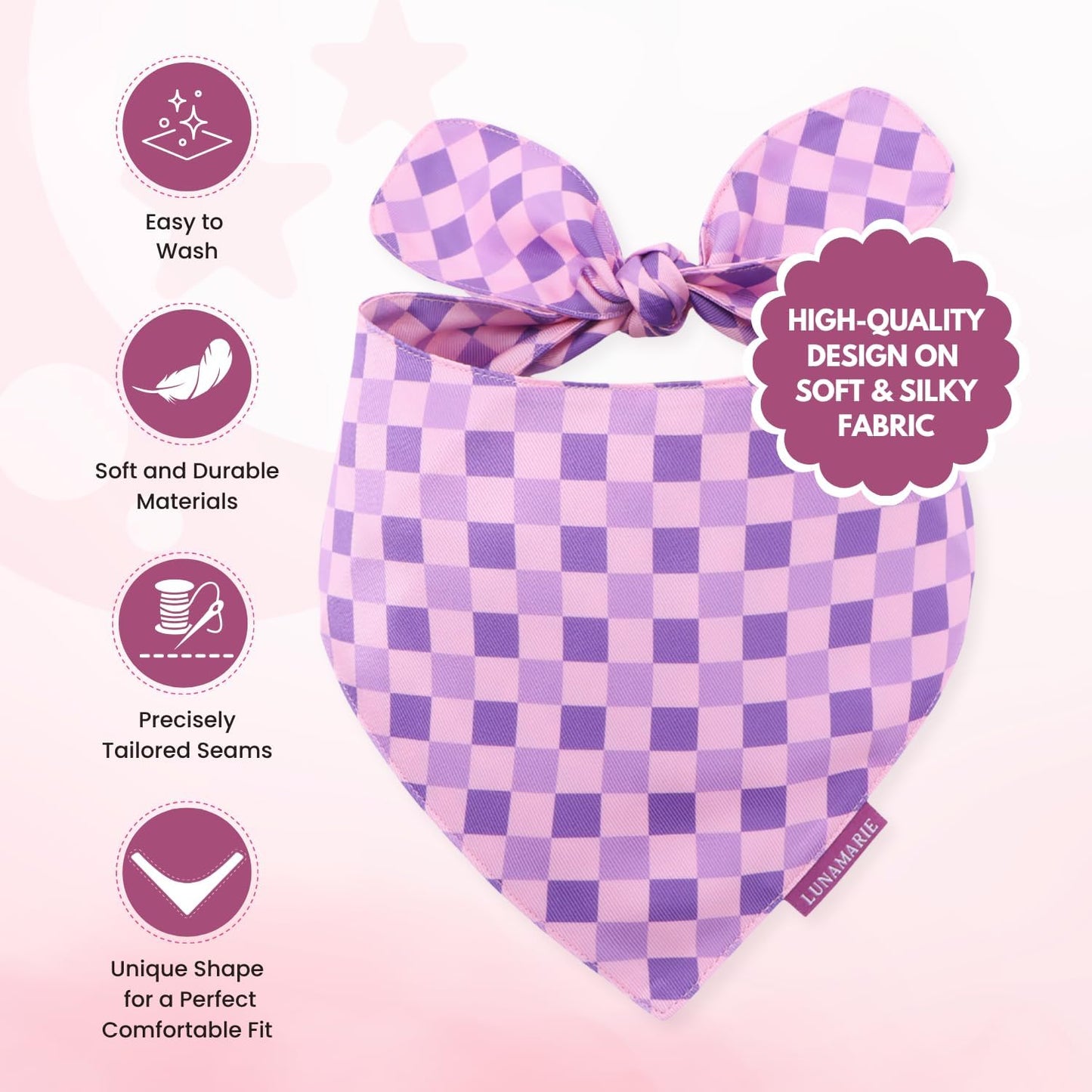 LunaMarie - Luxury Pet Birthday Bandanas -Premium & Silky Poly Fabric | 100% Handmade | Custom Shape Dual Layered (Violeta Rebel, Medium)