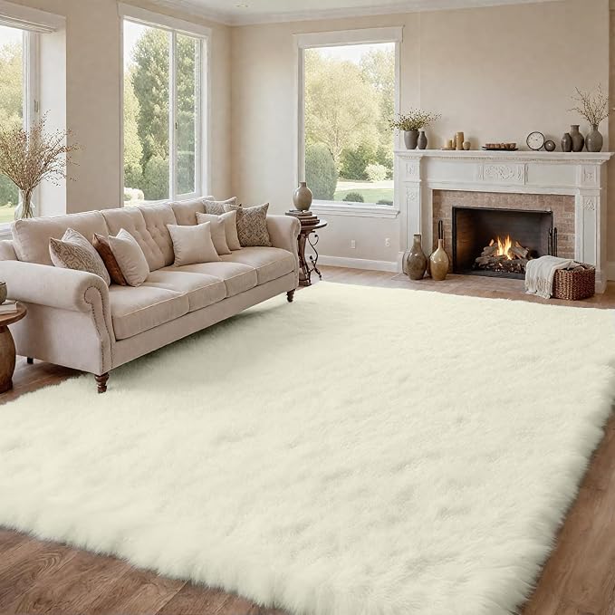 8x10 Area Rugs for Living Room Rug: Soft Fluffy Shag Cream White Rugs for