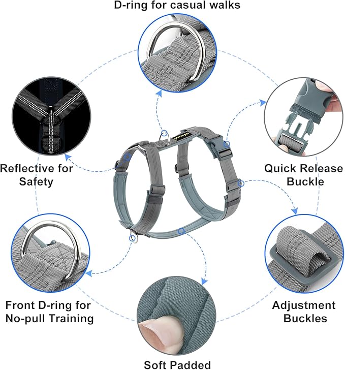 Plutus Pet No Pull Dog Harness, Adjustable Nylon Harness with Soft Padding, Reflective and Heavy Duty Dog Harness for Small, Medium, Large Dogs(Gray, M)