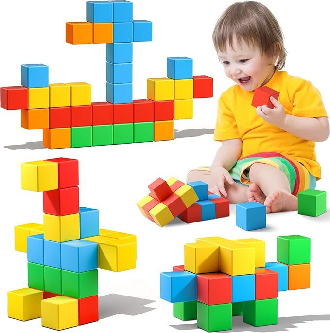 Magnetic Blocks,1.42 inch 32pcs Large Magnetic Building Block for Toddlers 3 4 5 6 7 8 Year Old Boys Girls Color Magnet Cubes Learning Toys for Kids 1-3 Sensory Toys Age 4-8 Gift