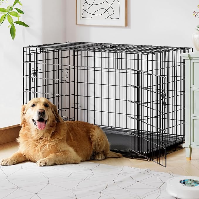 FDW XL Dog Crate 48inch Dog Cage Foldable Metal Kennel with Leakproof Tray Foldable Design Indoor Outdoor Use for Extra Large Dogs,Black
