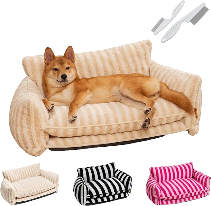 Lazy Holiday Plush Cozy Dog & Cat Sofa Bed, Teddy Velvet Dog Bed, Trendy Striped Faux Lambswool Double Layer Dog & Cat Sofa Bed Dogs Sleeping Mat for Medium Small Dogs & Cats (Beige,M)