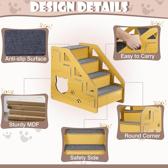 Dog Stairs for Small Dogs, 4-Step Dog Steps for Beds or Couches, Wood Pet Stairs for Small Pets, 15" H Cat Stairs for Doggie,Old Cats, Small Animals
