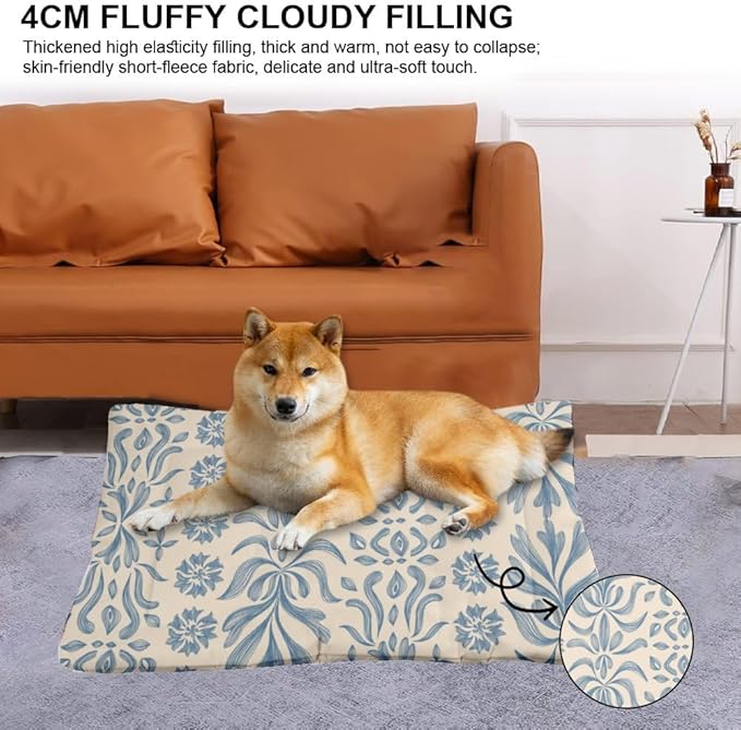 Vintage Blue Floral Small Dog Bed for Crate Crate Mat for Dogs Kennel Pads Crates Washable Dog Bedding Washable Non-Slip Bed Small Puppy Outdoor Mat Dogs Products Indoor Outdoor 24X18 Inch