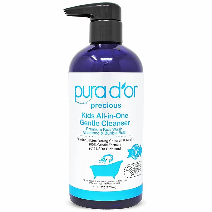 PURA D'OR 16 Oz Kids Wash - All-in-One Gentle Cleanser - USDA Biobased, Sulfate-Free, Tear-Less, Hypoallergenic, Premium, Shampoo & Bubble Bath