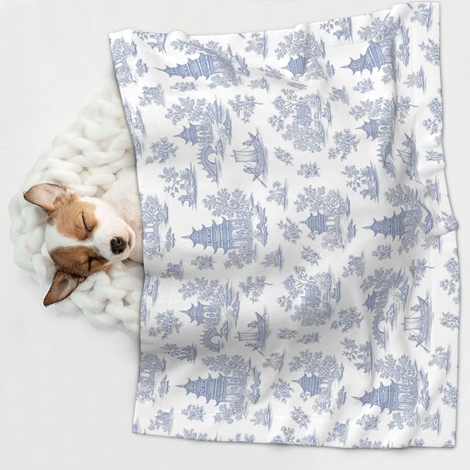 Reversible Plush Dot Pet Blanket for Dogs and Cats, Chinese Style Powder Blue Chinoiserie Toile, Ultra Soft Two Sided Design with Warm Fuzzy Side and Smooth Side for Comfort