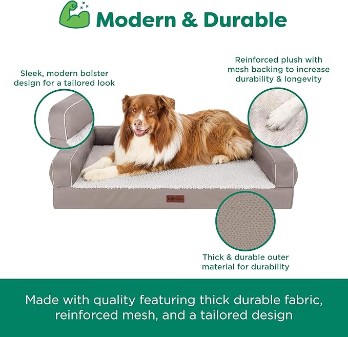 Furhaven Orthopedic Dog Sofa Bed – Memory Foam Couch with Bolsters, Textured Plush & Water-Resistant Cover, Washable Cover, Joint Support - Greige, Large