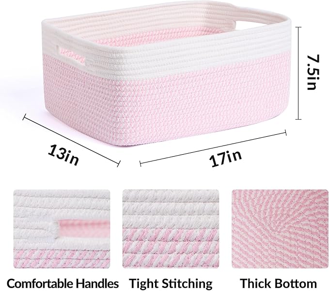 Large Storage Baskets for Organizing, Closet Shelf Baskets for Clothes Blanket Towels, Baby Nursery, Toy Bins Box, Woven Rope Baskets, 17 x 13 x 7.5”, 4 Packs Woven Pink