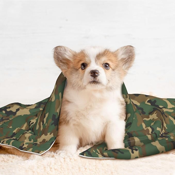 Reversible Plush Pet Blanket for Puppies Kittens, Green Camouflage Army Camo, Double Sided Gentle Dot Texture for New Pets Adjusting to Home Environment Softly