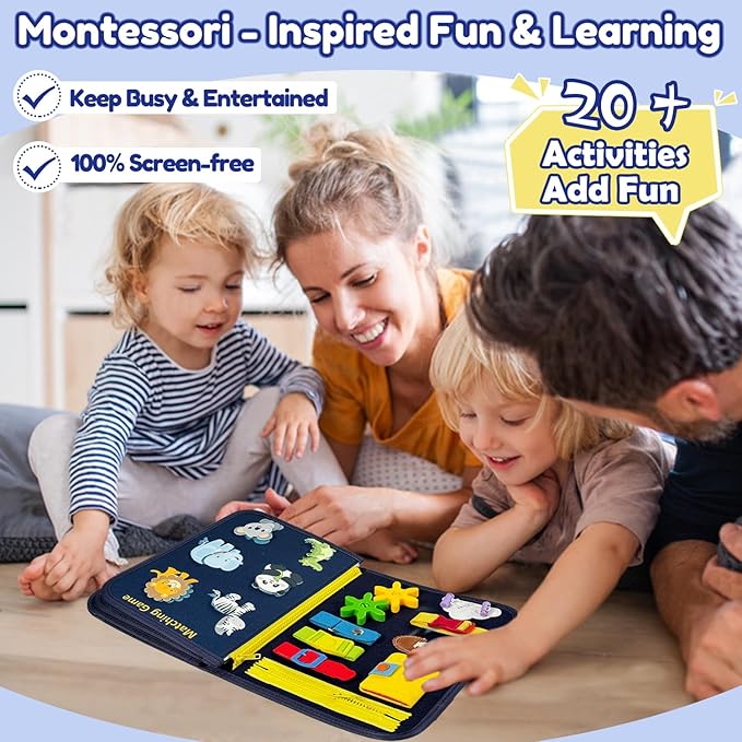 Qizfun Busy Board Book Montessori Toys for 1 2 3 4 Year Old, Boy Birthday Gifts, Educational Sensory Learning Toys for Toddlers 1-3, Car Airplane Travel Activities for Kids Ages 2-4 Year Old