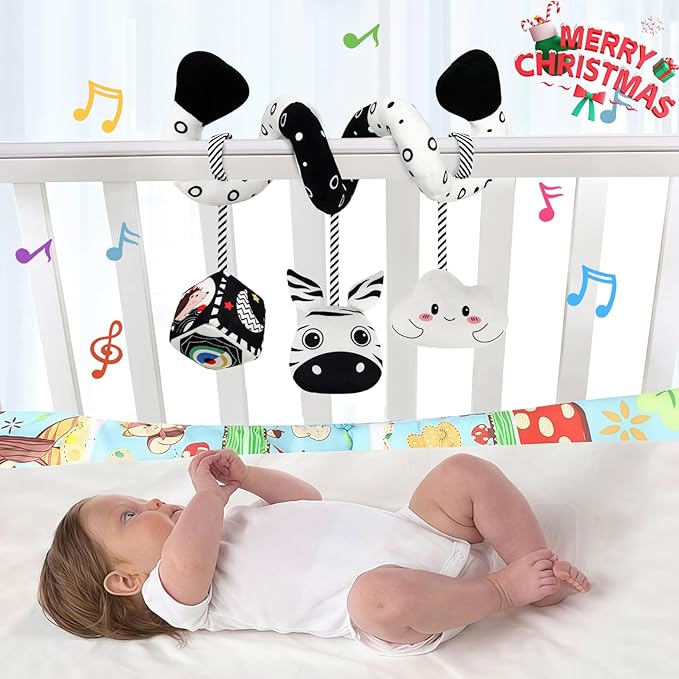 Car Seat Toys for Babies 0-6 Months,Hanging Rattle Toys for Crib Mobile, Baby Spiral Hanging Stroller Black and White High Contrast Toys for Newborn 0 3 6 9 12 Months Baby Boys Girls (Zebra)
