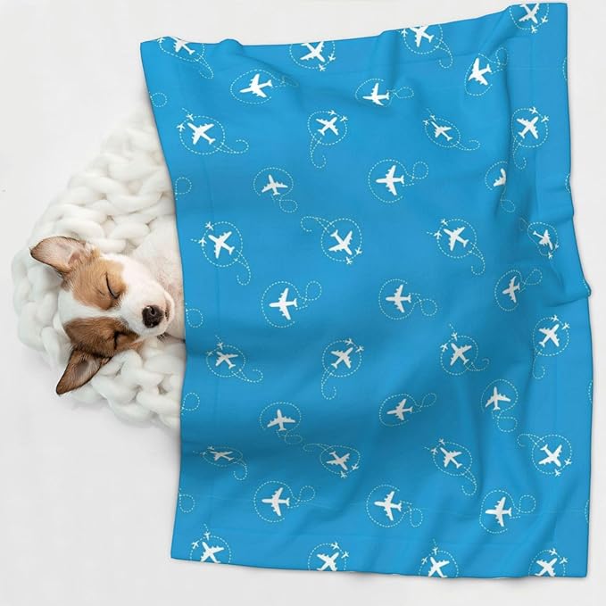 Reversible Pet Blanket for Easy Cleaning Maintenance, Aircraft Airplane Pattern Navy Blue, Double Sided Plush Dot Design Means Double Use Between Washes for Convenience