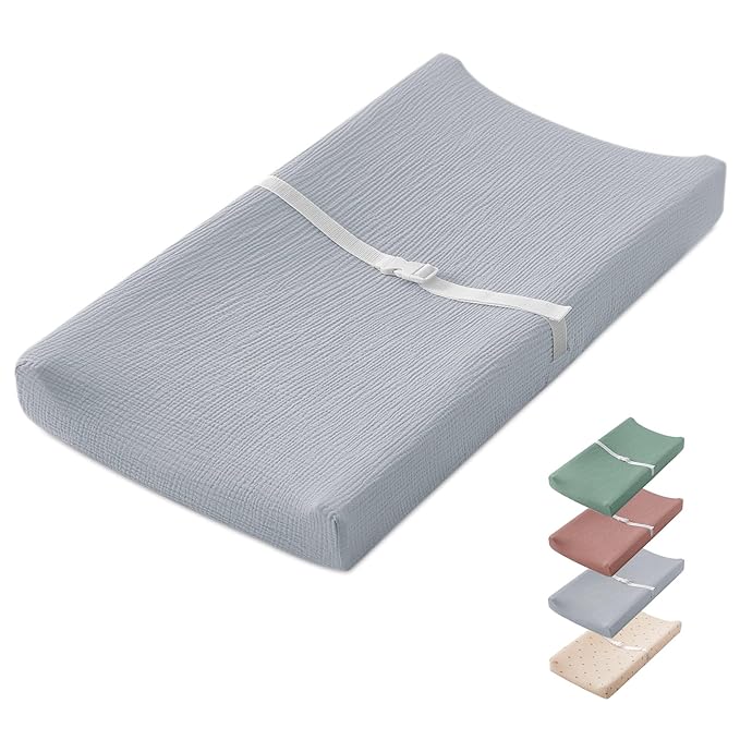 Blissful Diary Muslin Baby Changing Pad with Waterproof Lining Foam, Diaper Changing Table Pad with Cover for Dressers (Gray, Rectangular)