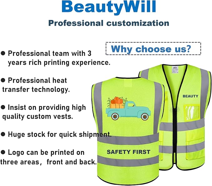 BeautyWill 5 Pack Custom Logo Mesh Safety Vest Class2 High Visibility Reflective Vest with 5 Pockets Construction Security Work Vest ANSI/ISEA Standards（Yellow，4XL ）
