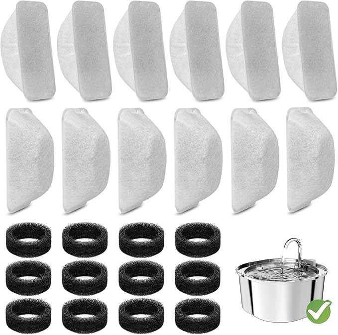 24 Pcs Cat Water Fountain Filters Replacement for 108oz/3.2L & 84oz/2.5L Pet Water Fountain,Including 12 Pcs Filter & 12 Pcs Sponges