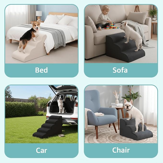 Dog Stairs for Medium Dogs 22" H, 5-Step Dog Steps Ramp for High Beds and Couch with Anti-Slip Washable Cover and Durable High Density Foam, Black
