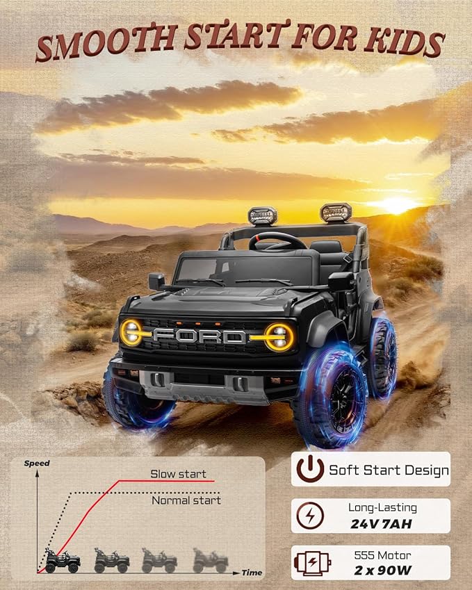 24V Ride on Toys for Big Kids, Licensed Ford Bronco Raptor Electric Car 2 Seater with Remote Control, Kids Ride on Cars w/ 2-Seater, 4.3 Mph Max Speed, Soft Start Function (24V, Black)