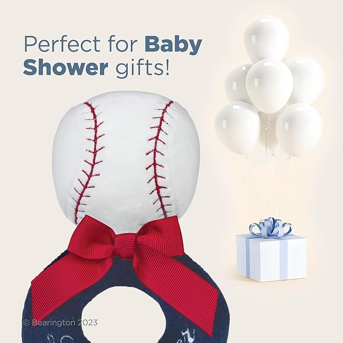 Bearington Baby Lil’ Slugger, 5.5 Inch Red, White and Blue Plush Stuffed Baby Baseball Soft Ring Rattle - Baseball Toys