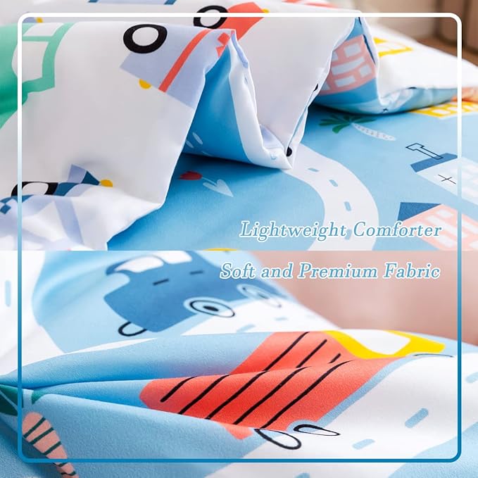 PERFEMET 4-Piece Toddler Bedding Set Boys Cars Toddler Comforter with Sheets Reversible Lightweight Blue Vehicles Toddler Bed Set for Crib(Blue, Cars)
