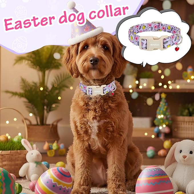 Easter Dog Collar for Small Dogs, Easter & Spring Theme Small Dog Collar with Cute Chick & Bunny Pattern, Adjustable Purple Easter Dog Collars Girl Boy Collar for Dogs -S