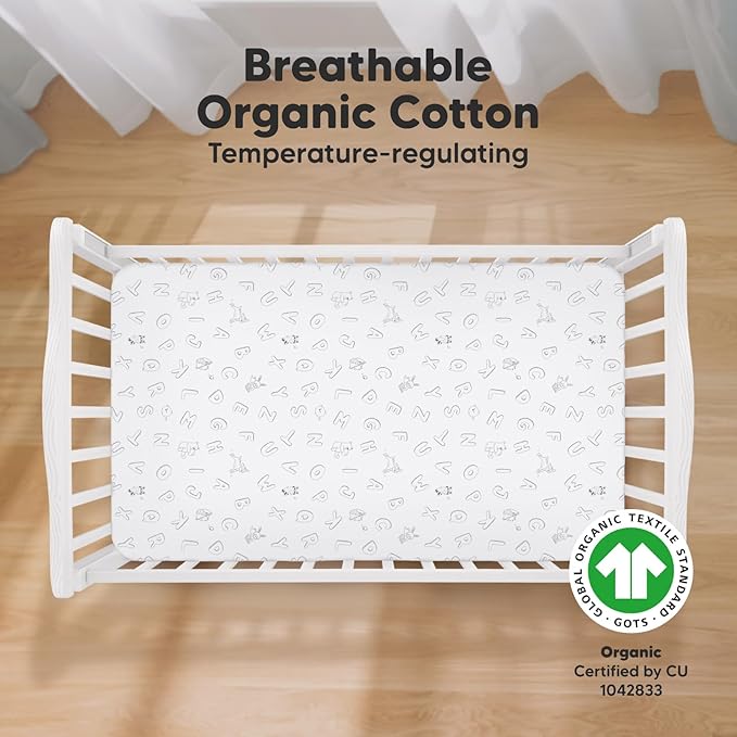 KeaBabies 2-Pack Organic Crib Sheets for Boys, Girls - 52x28 Fitted Crib Mattress Sheet Neutral, Breathable Jersey Cotton Cover for Baby Bed, Toddler Mattress, Soft & Cute Prints (ABC Land Cloud)