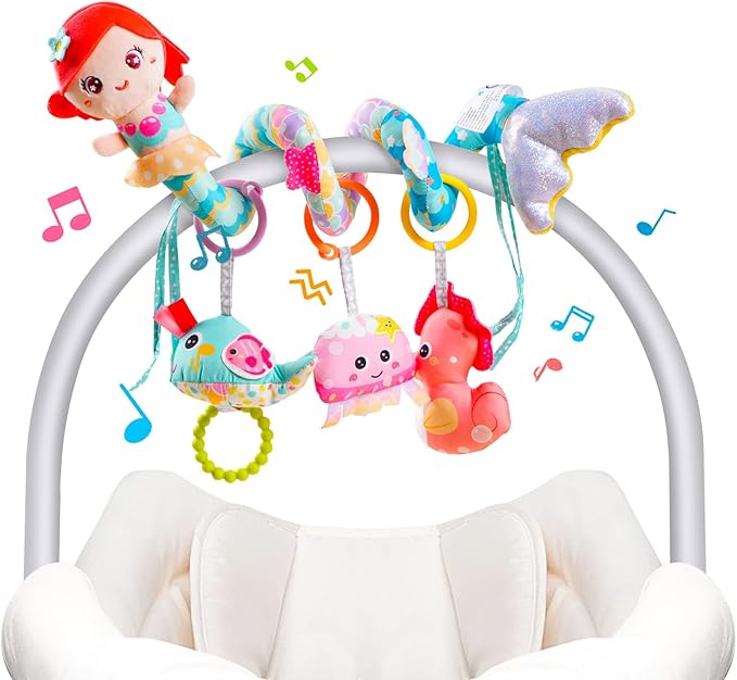 Koty Carseat Toys Hanging, Blue Mermaid Stroller Toys for Babies 0-6 Months, Baby Car Seat Toy with Crinkle, Teether, Music Box, Rattle, BB Squeaker for Babies Boys Girls Gifts (Blue Mermaid)