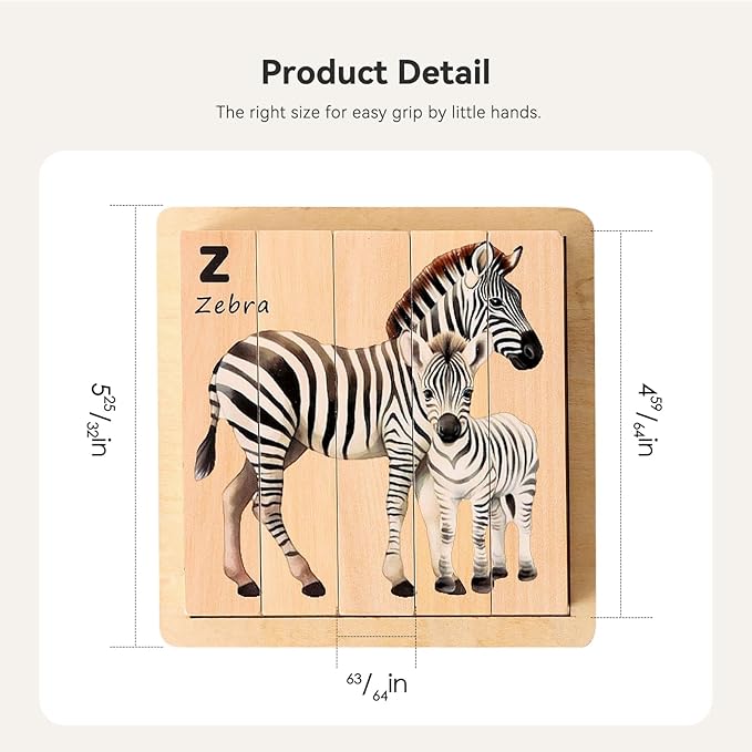 IEATFO 4 in 1 Wooden Animal Chunky Puzzle, 5 Solid Wood Puzzle Blocks with 4 Sides Realistic Safari Animals, Wooden Block Puzzle with Durable Base for Toddlers 3+ Years - Montessori Inspired