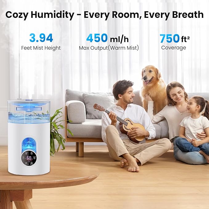 Humidifiers for Bedroom Large Room Home - GloryAir 6L Quiet Top Fill Cool & Warm Mist Humidifier with Smart Humidity Control, Remote Control, 7-Color Light, Humidistat, Oil Diffuser for Plants & Baby