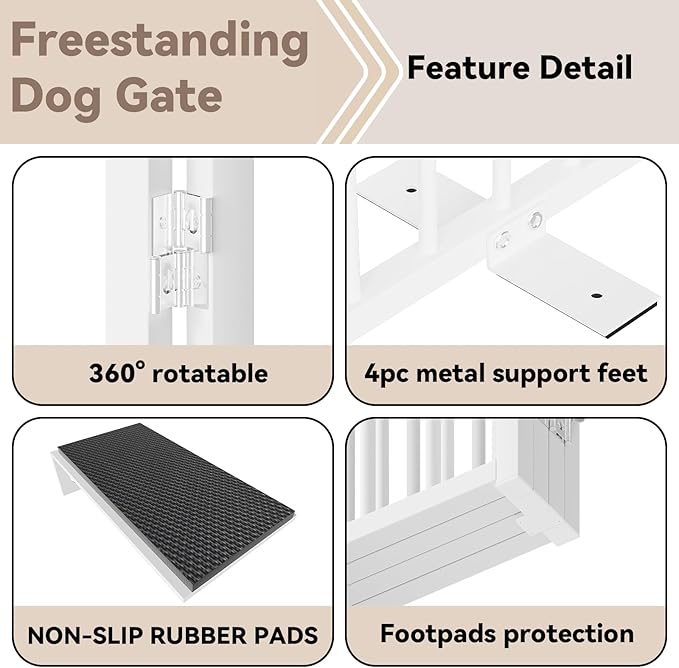 Full Metal Freestanding Dog Gate with Door, 36''Height Foldable Pet Dog Fence for Indoor & Outdoor, 8 Panels Extra Wide Free Standing TallDog Gates for Doorways,House,Stairs,Porch,Deck,Yard