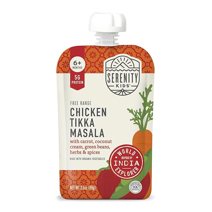 Serenity Kids 6+ Months World Explorers Toddler Pouches - BPA-Free Baby Food Puree with Ethically Sourced Meat & Organic Veggies - Chicken Tikka Masala - 3.5 Oz 6 Pack