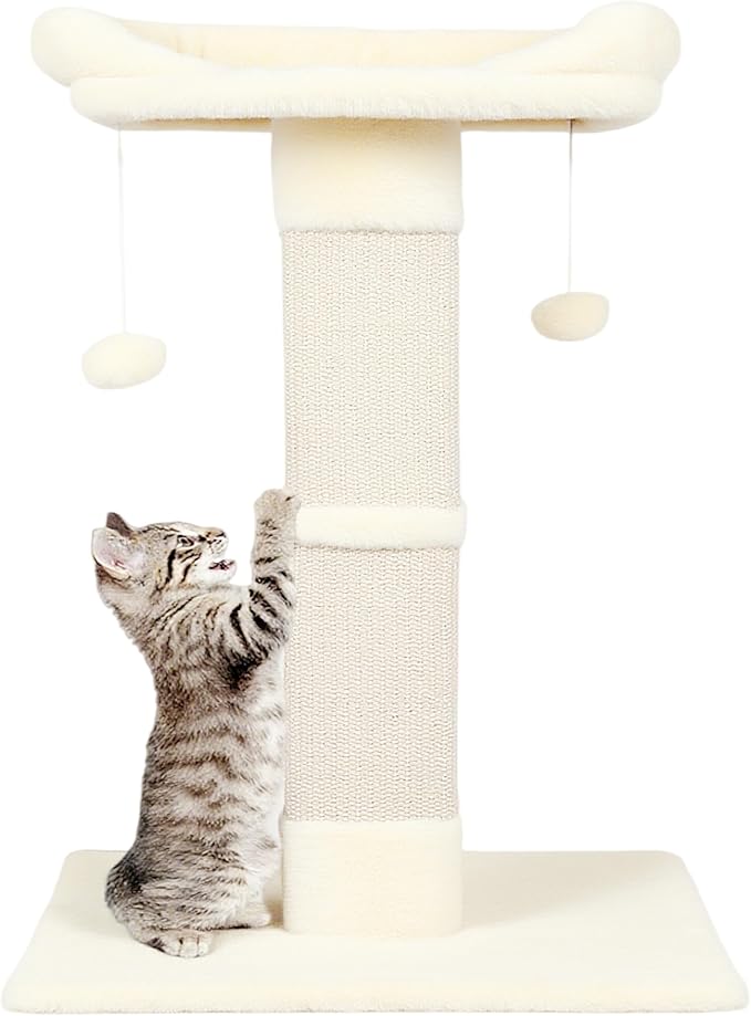 34" Cat Scratching Post for Indoor Cats, Sisal Cat Scratcher with Large Plush Perch, Vertical Posts with Elevated Bed and with Two Dangling Balls, Removable & Washable Cover, Beige White
