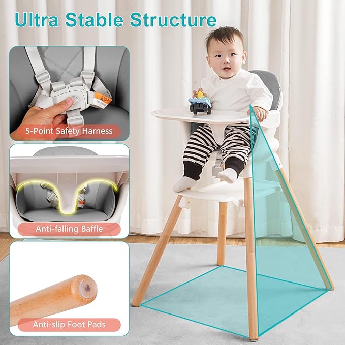 Baby High Chair, 6 in 1 Wooden Convertible High Chairs for Babies and Toddlers, Booster Seat with Double Tray & Reversible Footrest Baby Highchair, 5-Point Harness Baby Feeding Chair, Grey
