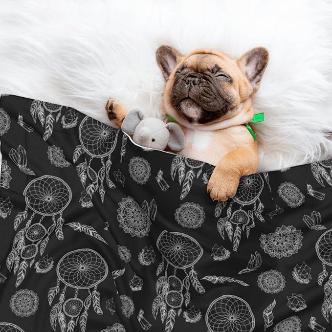 Pet Blanket for Travel and Home, Black and White Mysterious Dream Catcher, Reversible Plush Dot Design with Soft Grip Texture on One Side Perfect for Car Seats Moving Vehicles