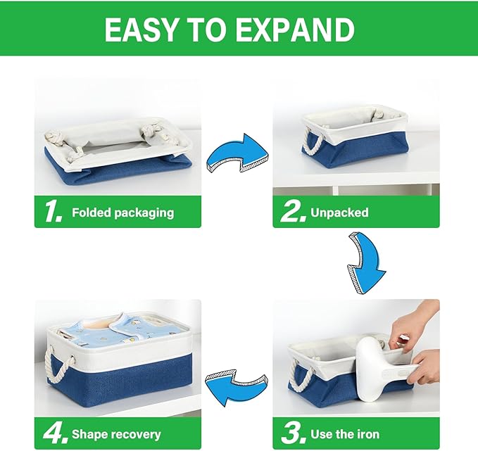 Bidtakay Small Storage Baskets for Shelves 3 Pack Fabric Storage Bins for Organizing Linen Collapsible Organizer for Closet-White&Blue