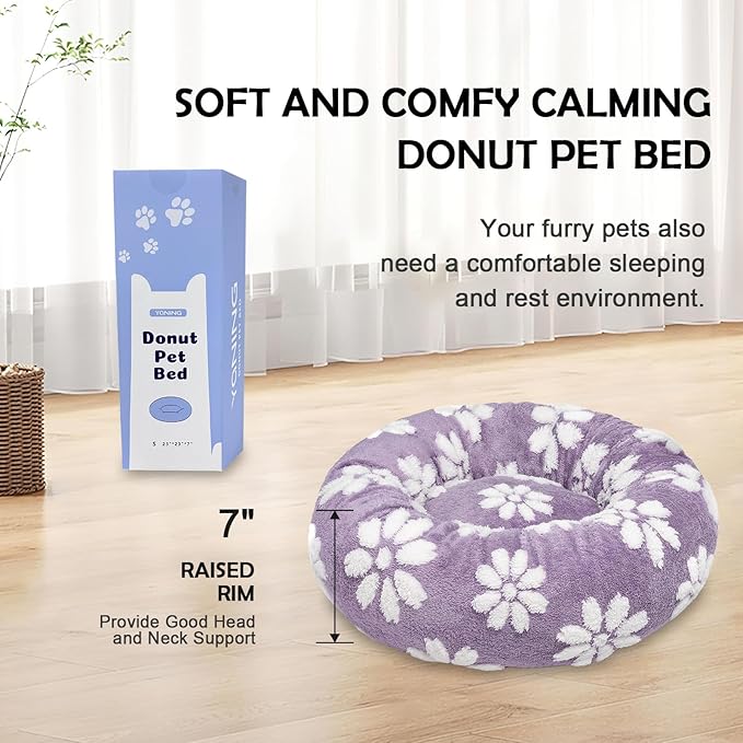 Donut Dog Beds for Small Dogs, Calming Round Cat Beds for Indoor Cats, Cute 3D Textured Flower Pet Bed with Removable Washable Cover and Anti-Slip Bottom（Purple，23"）
