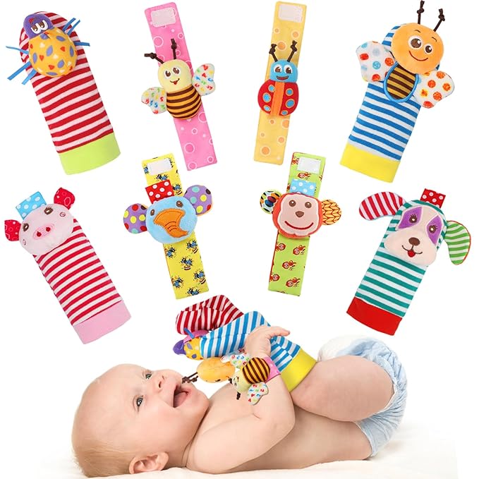 Wrist Rattles Foot Finder Rattle Sock Baby Toy, Rattle Toy, Arm Hand Bracelet Rattle, Feet Leg Ankle Socks, Activity Rattle Present Gift for Newborn Infant Babies Boy Girl Bebe (8 pcs-A)
