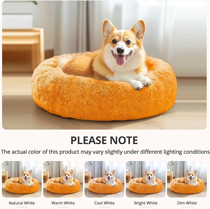 JOLLYVOGUE Calming Dog & Cat Bed for Small Dogs, Anti-Anxiety Donut Cuddler Cozy Soft Round Bed with Anti-Slip Bottom, Fluffy Faux Fur Plush Cushion Beds for Small Medium Pets (20")