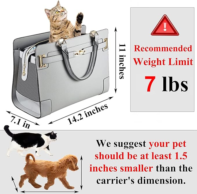 Fashion Dog Purse with Shoulder Strap, Holds Up to 7lbs Quality PU Leather Pet Carrier, Cat Carrier, Airline Approved Puppy Purse for Travel (Gray, Small Size)