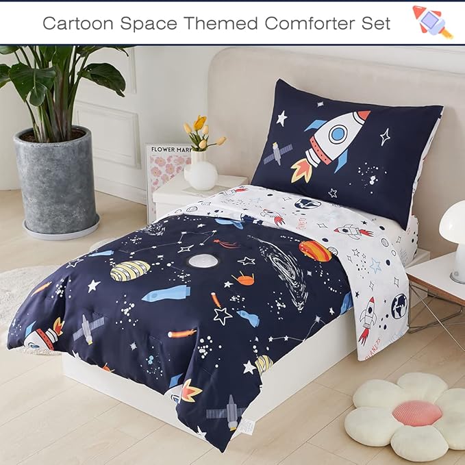 PERFEMET Twin Comforter Set 4 Piece Kids Space Rockets Comforter Bed in A Bag Soft Reversible Dark Blue Outer Space Themed Bed Set(Dark Blue, Planet/Rocket)