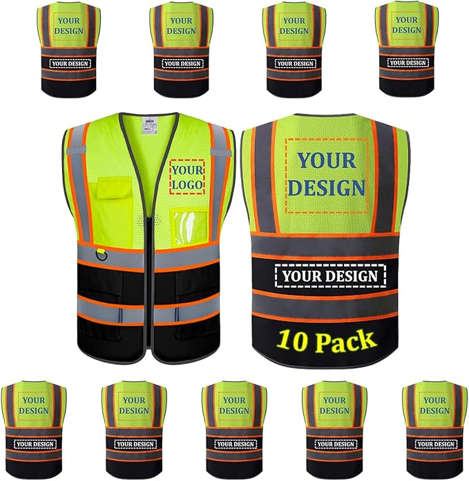10 Pack Custom Safety Vest Customized Logo Mesh Vest Class 2 High Visibility Reflective Vest with Pockets Workwear（Yellow Black，S ）