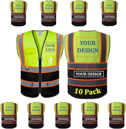 10 Pack Custom Safety Vest Customized Logo Mesh Vest Class 2 High Visibility Reflective Vest with Pockets Workwear（Yellow Black，S ）