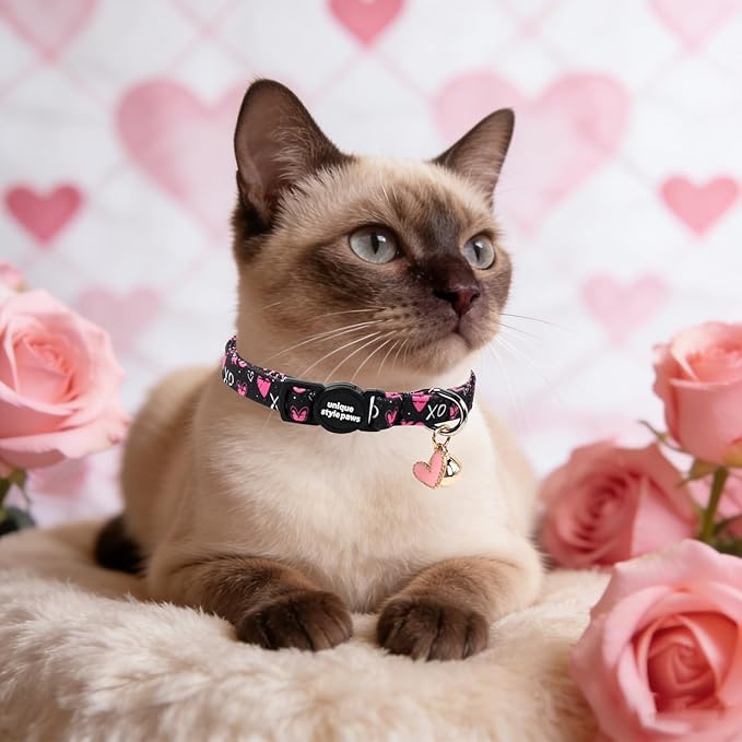 Unique style paws 2 Pack Valentine Kitten Collar Breakaway with Bell&Pendant, Adjustable Safety BlackBerry Pink Love Heart Cat Cotton Collar for Girl Boy Cat and Small Pet