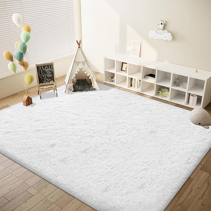 6x9 Area Rug for Living Room: Fluffy Shag Soft Washable Rugs Large Fuzzy Plush Indoor Carpet for Bedroom Nursery Playroom Kids Girls Boys Room (White, 6'x9')